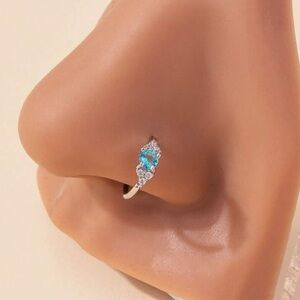 Nose Ring- Silver Nose Clip on blue center stone Shiny Cubic Zirconia SilverTone